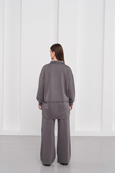 BLUE DAY'S Women's Oversized Zippered Half Fisherman Soft & Wide Leg Pants Double Set