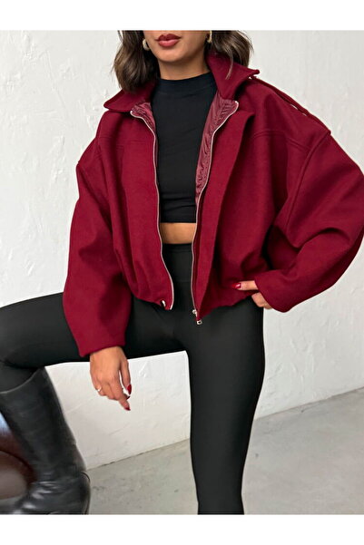 VELZANA Burgundy Bomber Short Cashmere Coat Jacket