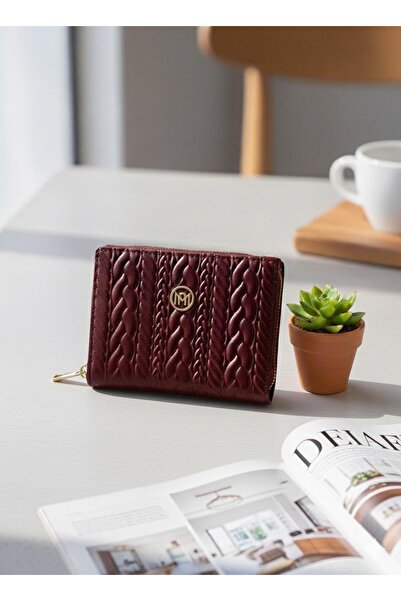 mlio Medium Size Faux Leather Wallet with Burgundy Embossed Knit Detail