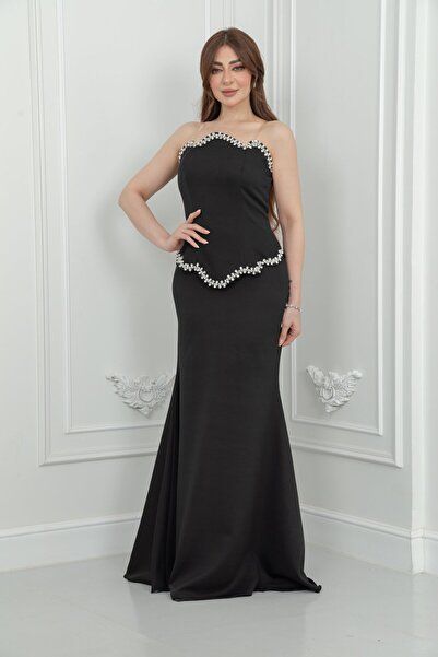 TREN Black Strapless Mermaid Evening Gown with Crystal Embellishments for Weddings & Formal Events
