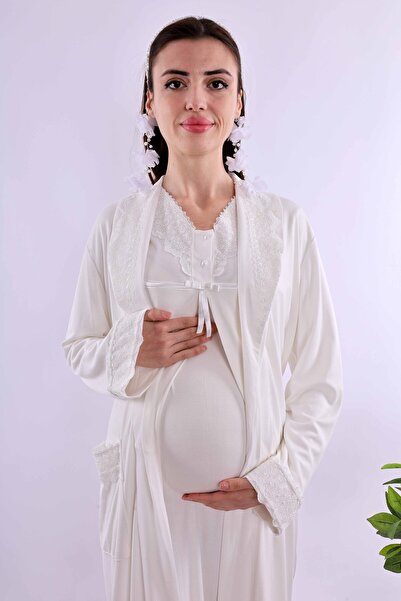 ByLohusa Effortt Ecru Maternity Nightgown Set with Dressing Gown