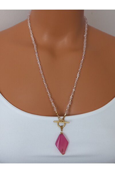LemaStone Doğal taş uzun kolye;pembe kuvars ve akik taşı kolye ucu ile tasarl...