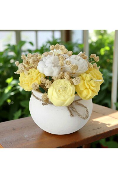 MODA Sarı & Beyaz Çiçekli Kokulu Vazo Mum – %100 Soya Wax – El Yapımı Dekorat...