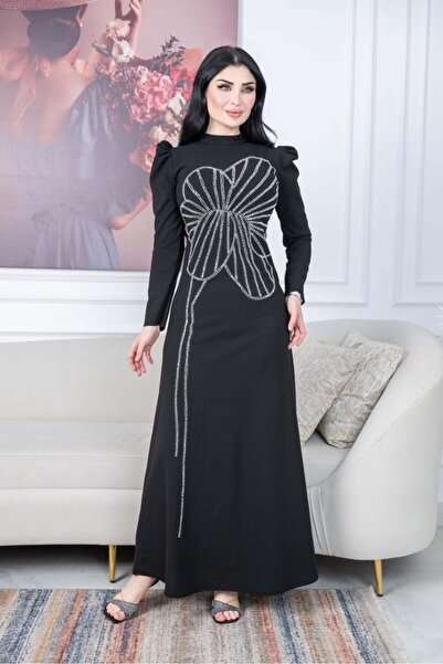 TREN Elegant Black Crepe Evening Gown Long Sleeve Rhinestone Bow Formal Dress Women Maxi Gown