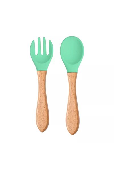 Generic طقم ملعقة وشوكة سيليكون وخشب – نعناعي