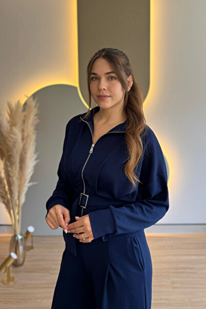 Aventien Premium Modal Fabric Belted Jacket Trousers Navy Blue Suit