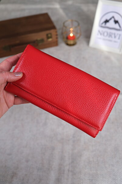 Norvi Leather Women's Genuine Leather Wallet with Plenty of Card Holders and Coin Compartment Red 1228