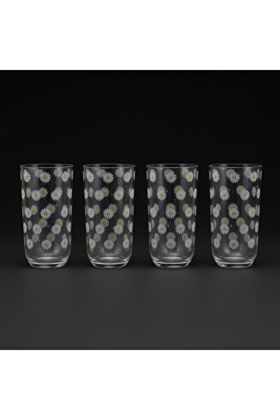 sharp&art Daisy Patterned Set of 4 Glass Cups, 380 Ml.