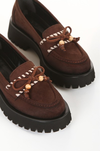 Miss Mitto Women's Brown Suede and Bow Detailed Thick Sole Comfortable Loafer Shoes