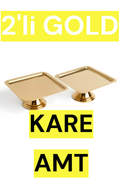 Efsun 2-Piece Gold Square, Stylish Design Cake, Pastry, Cookie, and Dessert Serving Presentation Stand with Legs