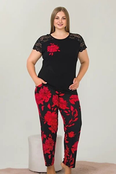 lidofya Lace Detailed Short Sleeve Plus Size Pajama Set