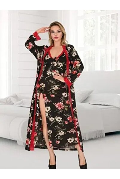 aynora Women's Floral Slit Plus Size Nightgown Dressing Gown Set