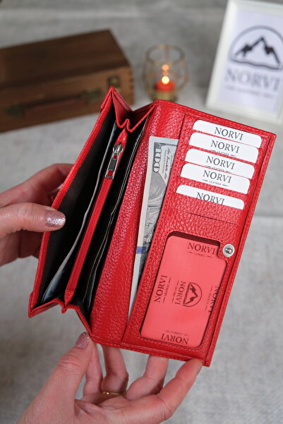 Norvi Leather Women's Genuine Leather Wallet with Plenty of Card Holders and Coin Compartment Red 1228