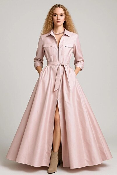 ALYEL NAKER Önden Fermuar Detaylı & Cepli Maxi Şık Gömlek Elbise