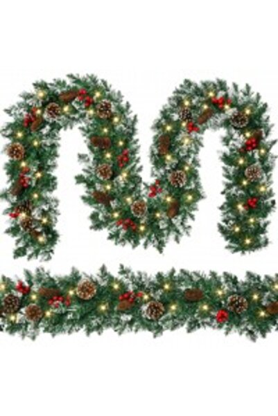 xpress sales Christmas Garland 250cm with 50 LEDs | Cones, Red Berries and Snow Effect | Warm Light