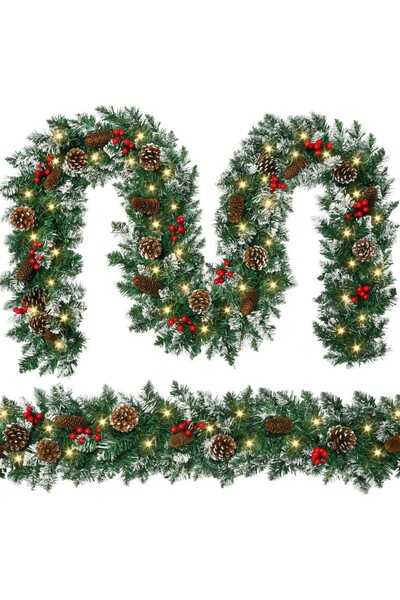 xpress sales Christmas Garland 250cm with 50 LEDs | Cones, Red Berries and Snow Effect | Warm Light