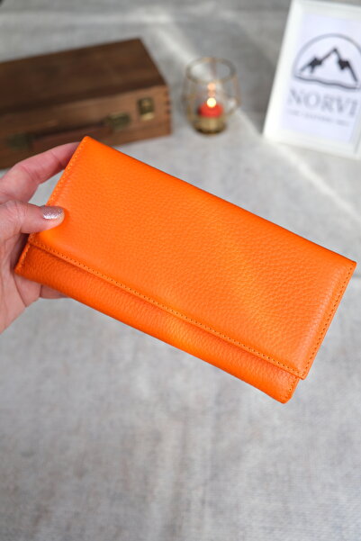 Norvi Leather Women's Genuine Leather Wallet with Plenty of Card Holders and Coin Compartment Orange 1228