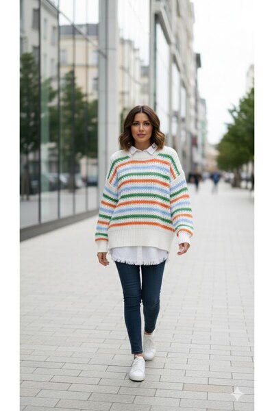 Afili butik Colorful Striped Oversized Knitwear – Crew Neck, Stretch Fabric , Soft Texture Standard Size