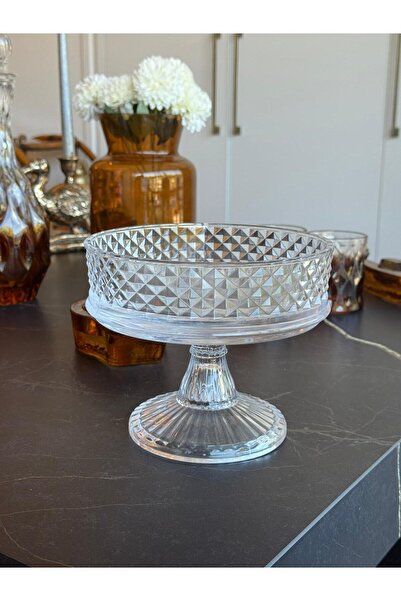 Miko Home & Garden Diamond Patterned Glass Footed Serving Bowl – Stylish Presentation Bowl / Cake – Dessert – Breakfast Stand