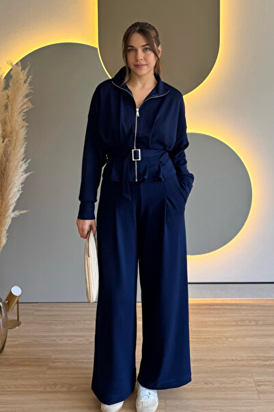 Aventien Premium Modal Fabric Belted Jacket Trousers Navy Blue Suit