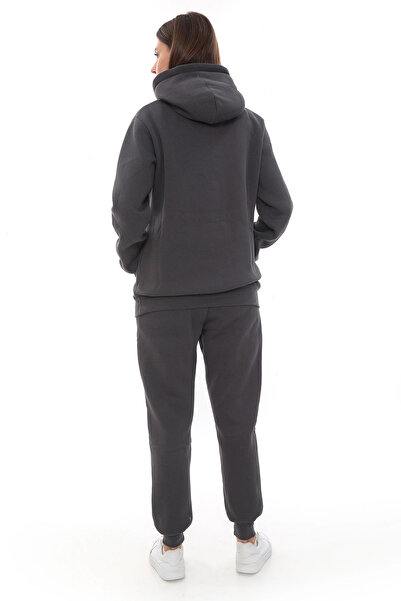 PHANTOM JEANS Σετ γυναικεία αθλητική φόρμα Smoked Chic Fleece με ελαστικό πόδι και τσέπες με κουκούλα Κεντητικές λεπτομέρειες Συμπαγές σετ