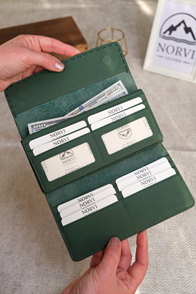 Norvi Leather Saraciye Stitched Genuine Leather Wallet with Phone Compartment Green 1052