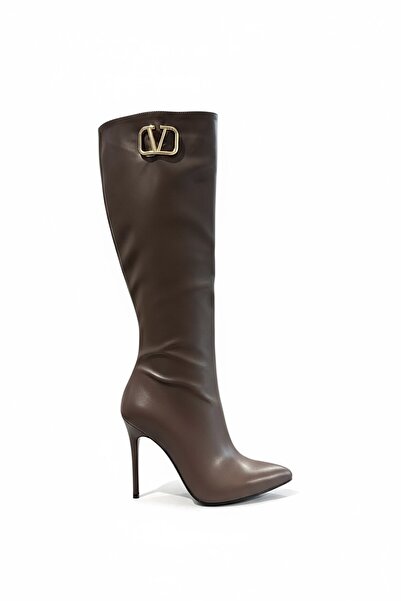 MissPapatya Verona Acı Kahev Skin Thin Heel Below Knee Buckle Women's Boots