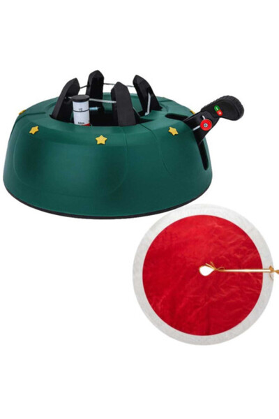 Mercaton Christmas Tree Stand with 2L Reservoir (up to 200 cm) ABS Green and 90 cm Red/White Tree Skirt