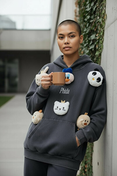 soBasic Women's 3D Plush Toy Detailed Hooded Oversized Sweat Comfortable Fit