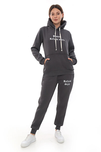 PHANTOM JEANS Σετ γυναικεία αθλητική φόρμα Smoked Chic Fleece με ελαστικό πόδι και τσέπες με κουκούλα Κεντητικές λεπτομέρειες Συμπαγές σετ