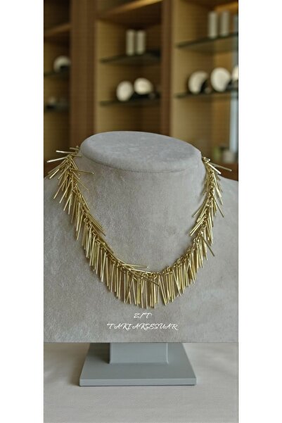 Butik Çelik Gold Renk Tasarım Saçaklı Kolye