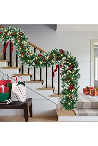 xpress sales Christmas Garland 250cm with 50 LEDs | Cones, Red Berries and Snow Effect | Warm Light