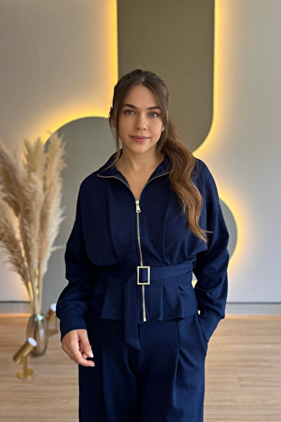 Aventien Premium Modal Fabric Belted Jacket Trousers Navy Blue Suit