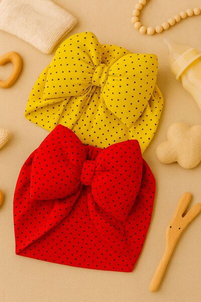 Pico Baby Bowknot Double Layer Polka Dot Baby Bonnet Set of 2 - Yellow/Red