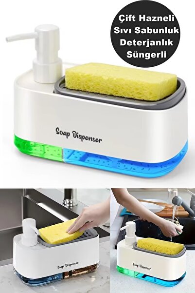 Kitchen Beauty Çift Hazneli Sıvı Sabunluk Ve Otomatik Deterjanlık Süngerli El ve Bulaşık Sabunu Seti Mutfak Banyo