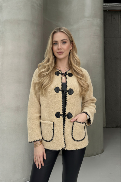 ALFUDO Moda Collection Beige Buttoned Plush Women's Coat