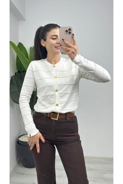TUNAM BUTİK 338-Special Glitter Striped Mercerized Cardigan Ecru