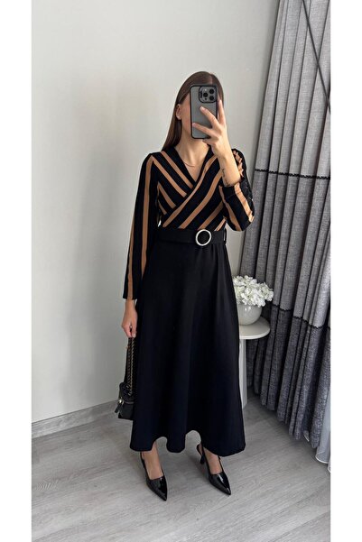 Miasista M-100984 V Yaka Çizgili Triko Elbise