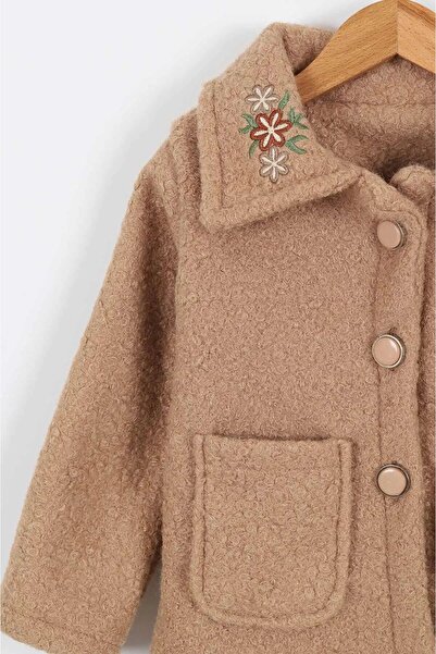 Ege Bebek Girl's Floral Embroidered Collar Buttoned Coat for Ages 2-3-4-5-6-7