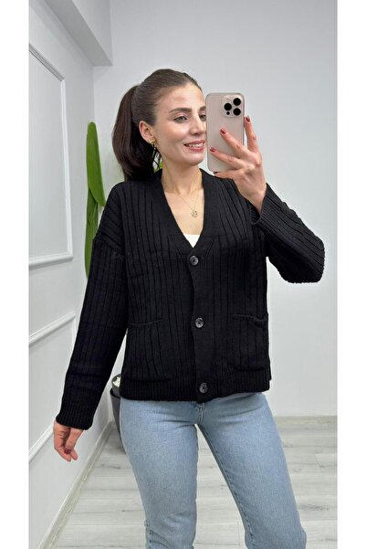 TUNAM BUTİK 4966 Pocket Detailed V-Neck Knitwear Cardigan Black