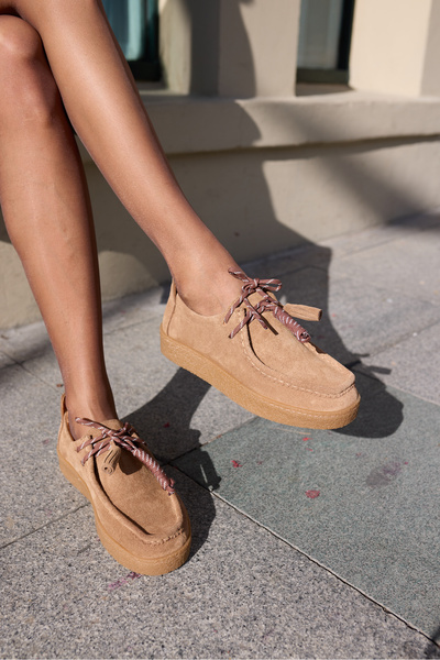 ANGELİNA JONES Lemario Women's Taba Genuine Suede Lace-Up Detail Loafer Shoes