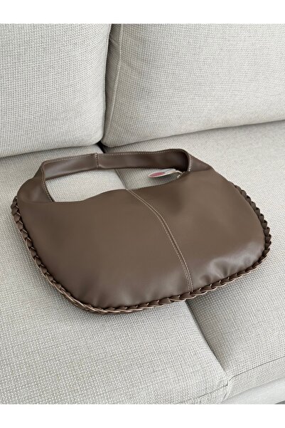 BAGLOVİS Big Slack Dark Beige Women's Shoulder Bag with Knitted Edges and Single Strap En43 Boy27