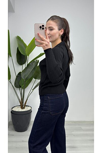 TUNAM BUTİK 4883 V-Neck Gold Buttoned Knitwear Cardigan Black