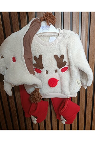 Necix Unisex Christmas Themed Deer Pattern Beret with Gloves Welsoft Fabric Set