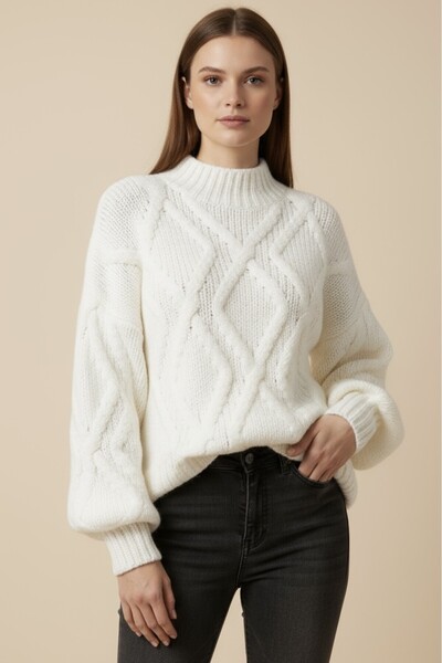 NEFESSE Yarım Boğaz Balon Kol Kışlık Kazak-Beyaz