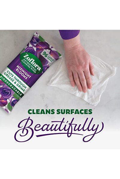 Zoflora Midnight Blooms Disinfectant Wipes, 96 pcs, Biodegradable, Plant-Based Antibacterial