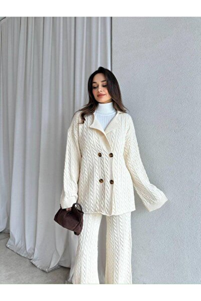 Narstorm Women's Braided Hair Cream Knitwear Buttoned Jacket Set