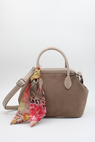 LASSO Women's Beige Suede Scarf Detailed Snap Closure Lined Hand, Arm and Shoulder Bag