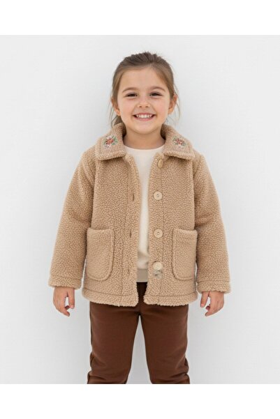 Ege Bebek Girl's Floral Embroidered Collar Buttoned Coat for Ages 2-3-4-5-6-7