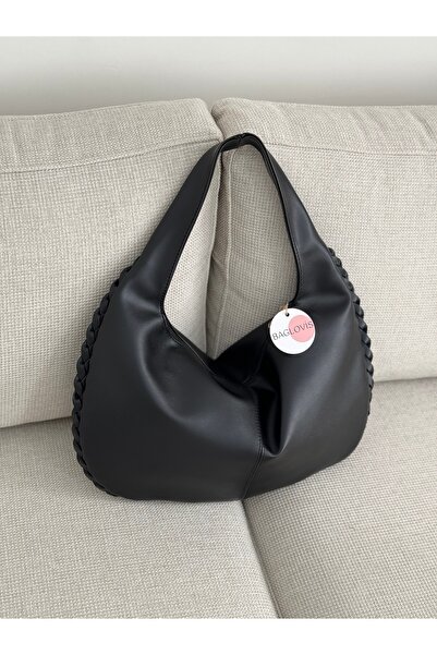 BAGLOVİS Big Casual Black Women's Shoulder Bag with Knitted Edges and Single Strap En43 Boy27